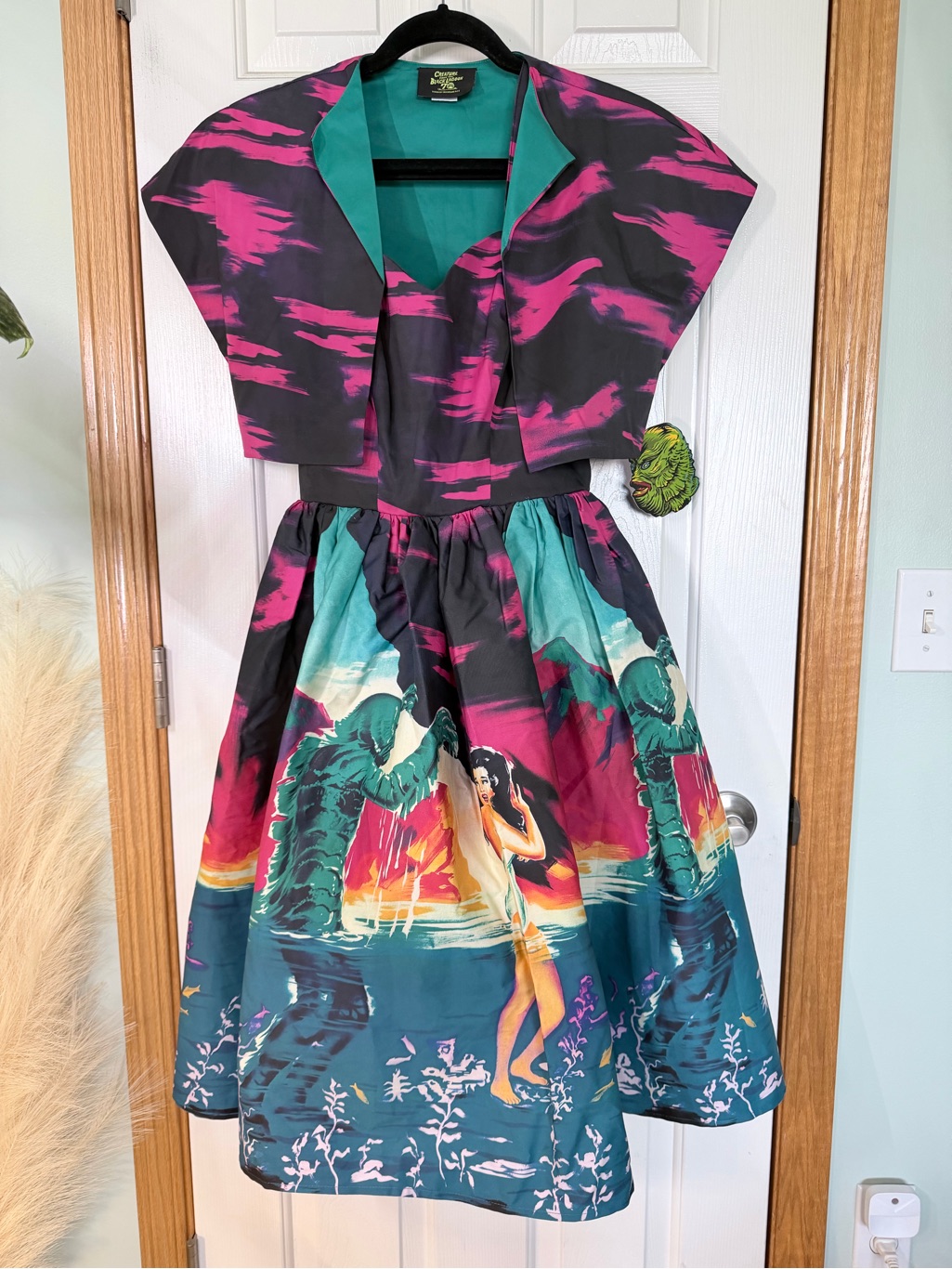 Vixen By Micheline Pitt Teal, Magenta And Black Tropical Pinup Dress